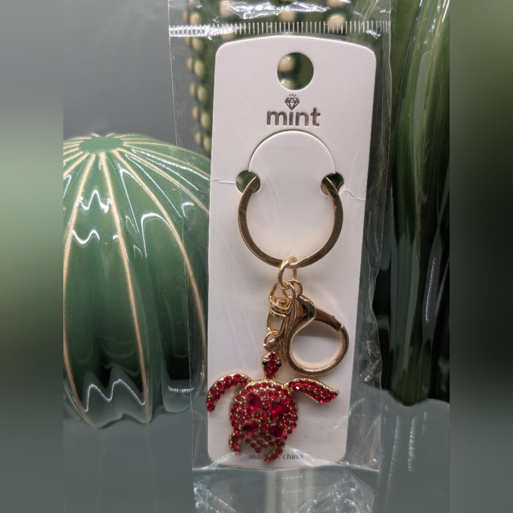 Mint Gold W/ Red Rhinestones Turtle Keychain/Bagcharm